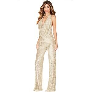 Curvy Plus XXL Gold Sexy Halter Cowl Neck Sparkly Jumpsuits Sleeveless Sequin
